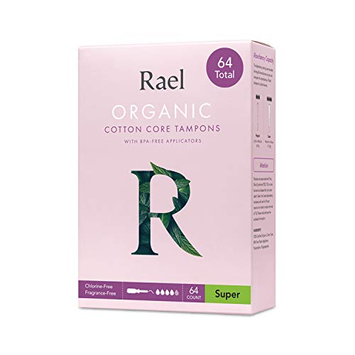 Rael Organic Cotton Unscented Tampons - Super Absorbency, BPA Free Plastic Applicator, Chlorine Free, Ultra Thin Applicator with Leak Locker Technology (64 Count, Super)