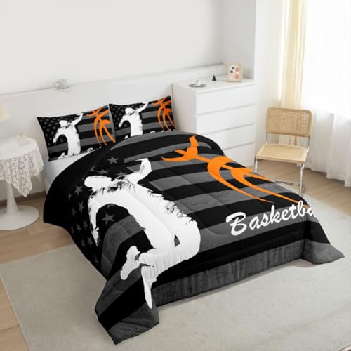 Image of Feelyou Basketball Player Comforter Set Full Size American Flag Bedding Set for Kids Boys Girls Gaming Sports Duvet Quilt Bedroom Decor Microfiber 3 Pcs with 2 Pillow Cases