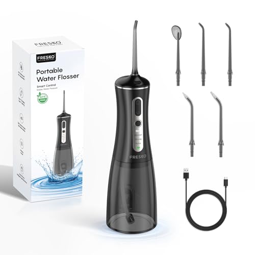 FRESKO Water Flosser Cordless for Teeth, 300ML Oral Irrigator with 4 Modes, 2600mAh Battery, IPX7 Waterproof, Tongue Cleaner & 4 Tips for Braces and Implants, Portable Teeth Cleaner for Tavel, Black