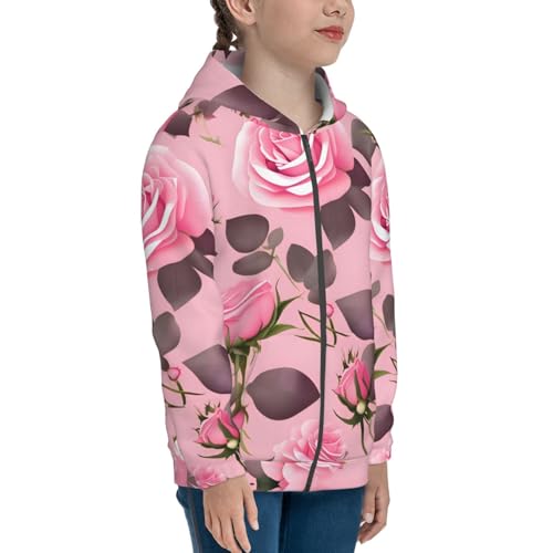 Pretty Pink Roses Print Girls Athletic Zip Up Hoodies,Sweatshirts with Pockets Long Sleeve Hooded Jackets, for 7-18 Y3