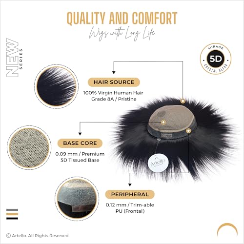 Image of Artello AUSTRALIAN MIRAGE Hair Patch for Men, 5D Premium Skin Base Wig with Real Scalp Partition, Trim-able PU Frontal, 100% Virgin Human Hair Toupee (Colour: Natural Black) (7x5)