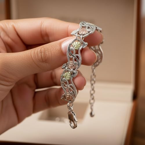 Rhodium-Plated Sterling Silver Leaf Link Bracelet with 12k Rose & Green Black Hills Gold Accents | Hand-Engraved Diamond-Cut Grape Leaf Design | Women’s Elegant Heritage Jewelry 7.25 Inches3
