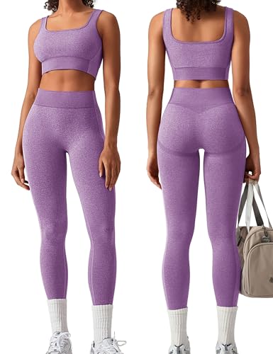 Image of OLCHEE Womens Workout Sets 2 Piece Seamless Square Neck Sports Bra Padded Butt Lifting Leggings High Waist Yoga Gym Outfits