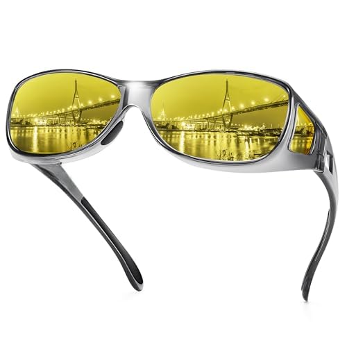 Night Vision Driving Glasses Fit Over Wrap Around Anti Glare Polarized UV400 Protection Nighttime Shades