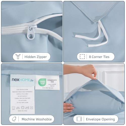 Image of NEXHOME PRO Duvet Cover Full,Blue 3 Pieces Duvet Cover Set, Soft and Lightweight 100% Washed Microfiber Comforter Cover Set for All Season(Blue Full, 80 x 90)-No Comforter