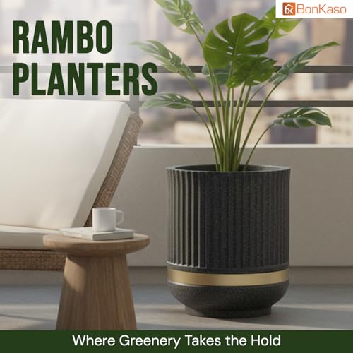 Image of BonKaso 14 Inch Tower Plant Pot for Indoor & Outdoor | Modern Lightweight Polymer Planter | Weather, UV & Frost Resistant | Ideal for Living Room, Balcony, Office & Nursery (Dark Grey)