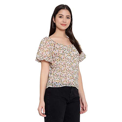 Image of FNOCKS Women Button Closure Short Sleeves Floral Printed Tops /Georgette Fabric