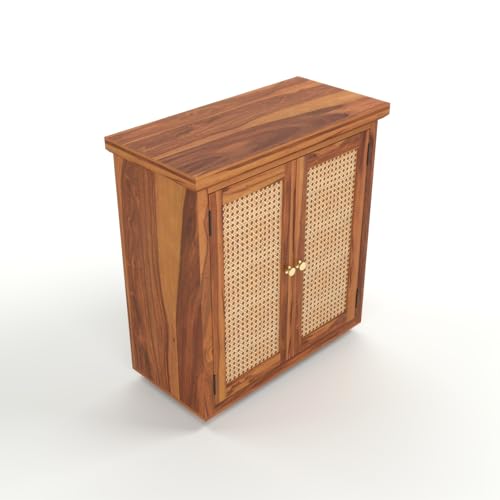 Image of Solid Sheesham Wood Sideboard Cabinet for Living Room | Wooden Storage Cabinet with 2 Cane Doors & Shelf | Modern Rattan Design Sideboard for Home (Honey Finish)