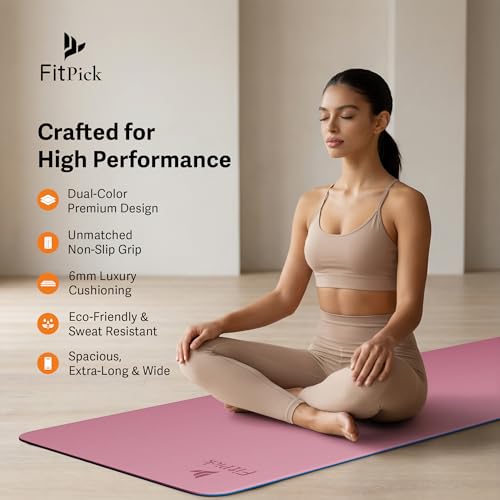 Image of FIT PICK Pro Yoga Mat for Women & Men | High Density TPE Yoga Mat with 6mm Cushion | Non-Toxic, Sweat-Resistant & Double Sided Anti-Slip Exercise Mat | Lightweight & Portable with Carry Bag (Pink Sapphire)
