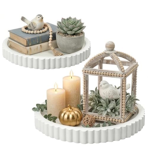 FGU 2 Pack Round Wood Decorative Trays for Coffee Table Home Decor, White