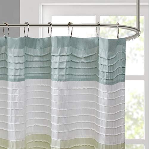 Image of Madison Park Amherst Striped Fabric Aqua Shower Curtain,Pieced Transitional Simple Shower Curtains for Bathroom, 72 X 72, Blue