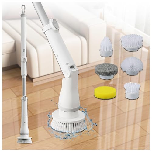 Electric Scrubber for Cleaning Bathroom Cordless with 6 Replaceable Brush Heads, LED lights,Long Handle, Shower Scrub Brush 2 Adjustable Speeds for Bathroom Floor Tile