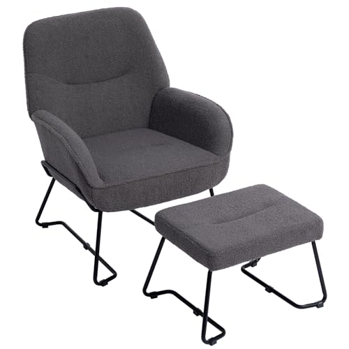 HollyHOME Sessel mit Hocker Ohrensessel mit Hocker Sessel Wohnzimmer & Schlafzimmer Lesesessel Lounge Sessels, Teddy Grau