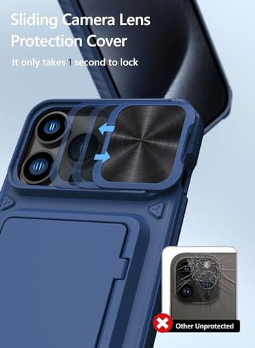 Image of Vihibii Polycarbonate For iPhone 15 Pro Max Wallet Case With Slide Camera Cover & Card Holder (4 Cards) & Kickstand, Hard Case For iPhone 15 Pro Max 6.7 inch, Blue