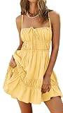 Damen Sommerkleid A Linien Spaghettiträgern Elegante Baumwolle Knielang Ärmellos Festliche Smocked Rüschen Freizeitkleid Strandkleid Gelb XL