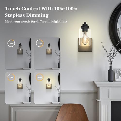 Image of Battery Operated Wall Sconce Set of 2 with Remote Control, Rechargeable Wireless Led Glass Wall Lamp Indoor, Cordless Wall Light Fixtures Wall Mount for Bedroom Bathroom Hallway Farmhouse, Black