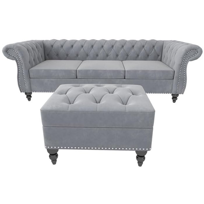 Image of Chesterfield Velvet 3 Seater Round Arm Sofa + Ottoman Modern Sofa for Your Loving Space, Bedroom, Living Room, Offices (Grey)