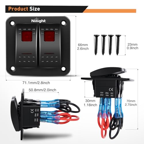 Image of Nilight 2 Gang Rocker Switch Panel SPST On Off Toggle with DIY Label Sticker | 5PIN Electrical 12V /20A 24V /10A Aluminum Plate with Pre-Wired Jumper Wires for LED Light Bar RV Boats 4X4 Cars Red