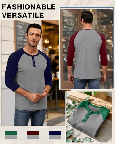 3 Pack Men's 3/4 Sleeve Baseball Raglan T-Shirts S-3XL, Henley Tops Sport Athletic Jersey Tee Cotton Shirts4