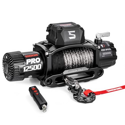 SINOKING PRO Series 12500 lb Electric Winch, 12V Towing Winch, Synthetic Rope, 2-in-1 Wired/Wireless Remote, Waterproof IP67, 7 HP Motor for Jeep, SUV, Truck & Trailer