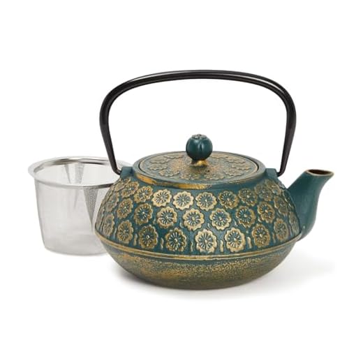 Juvale Green Floral Cast Iron Teapot Kettle with Stainless Steel Loose Leaf Infuser (34 oz)