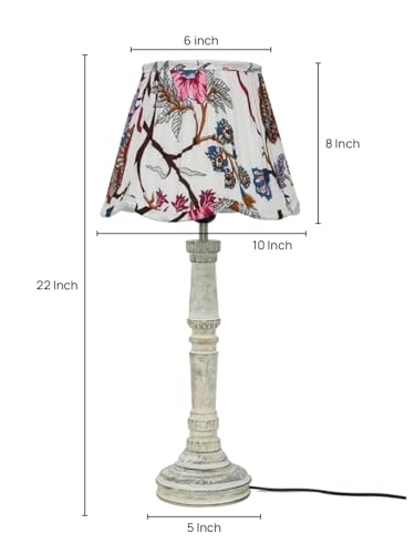 Image of Green Girgit Wooden Distress White Empire Lamp with Pleeted Multicolor Red Floral Lotus Shape Lamp Shade