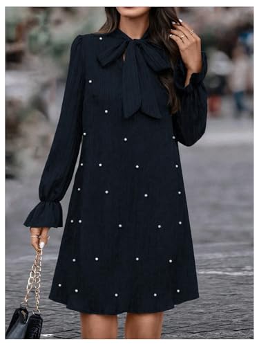 Image of WDIRARA Women's Pearl Decor Flare Long Sleeve Mini Dress Bow Tie Front Dress