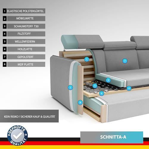 GREKPOL Sofa mit Schlaffunktion 160x220 - Hellgrau Sofa Cord - Ecksofa mit Schlaffunktion und Bettkasten - Schlafsofa mit Bettkasten