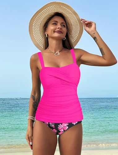 Image of ZAFUL Tankini Swimsuits for Women Tummy Control High Waisted Twist Front Ruched Two Piece Bathing Suit