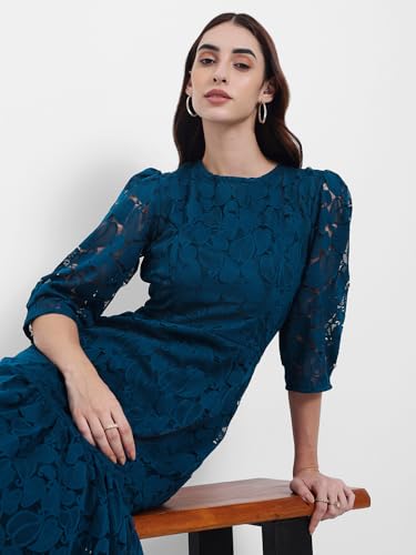 Image of Styli Women Self Design Lace Bodycon Midi Dress | Elegant One Piece Dress for Women | Stylish Outfit for Party, Casual & Everyday Wear