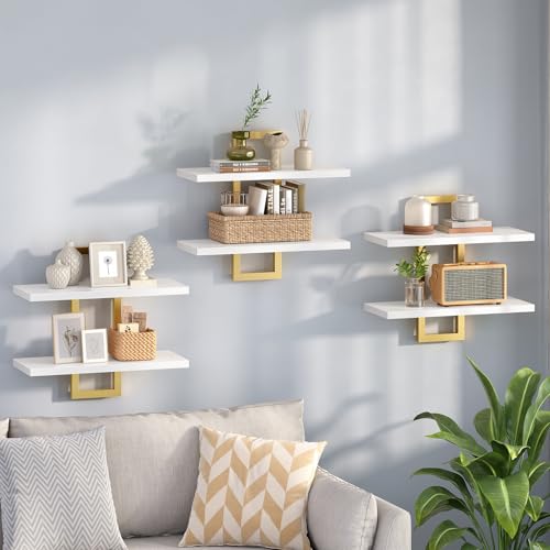 Image of HOOBRO Floating Shelves, 15 Inch Wall Shelf Set of 3, Wall Mounted Storage Shelves 2-Tier, Hanging Bathroom Shelves, for Living Room, Bedroom, Bathroom, Kitchen, White and Gold DW32BJP301