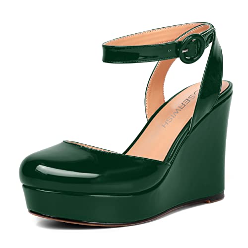 ROSERWISH Womens Patent Round Toe Sexy Ankle Strap Buckle Wedding Platform Wedge High Heel Pumps Dress Shoes 4 Inch
