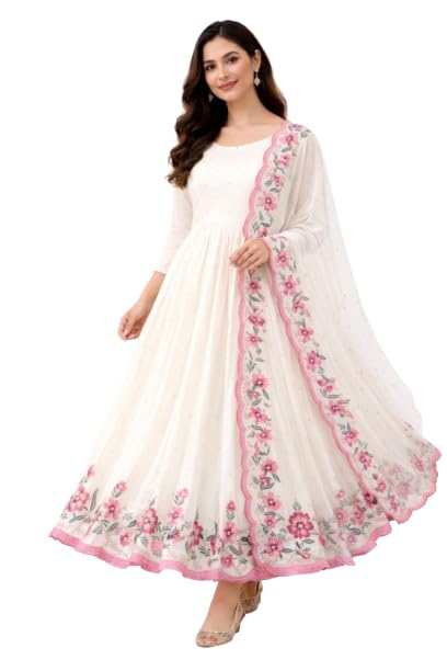 Omkar Textile's Georgette Fabric Anarkali Gown with Dupatta, Embroidery Work, Festive Ethnic Wear-image-1