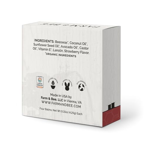 Natural Lip Balm - Organic & Natural Ingredients - Beeswax Based Moisturizing Lip Care Chapstick for Chapped Lips - Great Gift Idea - Farm & Bee - 0.15oz (Pack of 4 - Strawberry)