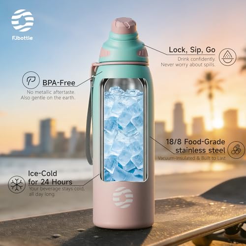 Image of Fjbottle 24oz Stainless Steel Insulated Water Bottle No Straw Spout Lid | Leakproof Keeps Cold 24H, Double Wall Vacuum Insulated, BPA Free, Easy to Clean Sports Water Bottle for Gym Hiking & Outdoor