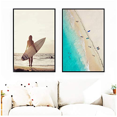 yhyxll Menina prancha de surf praia paisagem parede arte tela pintura cartazes impressões parede quadros para sala de estar quarto decoração - 20 x 28 cm x 2 sem moldura