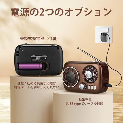 Gelielim 小型ポータブルラジオ 高感度 ラジオ AM/FM/SWラジオ USB/TFカード対応 MP3プレーヤー 大音量 レトロラジオ 大容量 電池/USB充電 対応 屋内および屋外使用 日本語取扱説明書