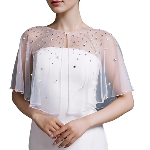 White Rhinestone Beaded Shawl - Tulle Evening Dress Accessory - Engagement & Wedding - Women's Shawl3