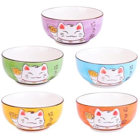 Amosfun 5Pcs Japanese Porcelain Ceramic Rice Bowl Japanese Soup Bowls Dessert Bowl Appetizer Bowl Snack Bowl Maneki Neko Lucky Cat Bowl for Home Kitchen Decoration Cover