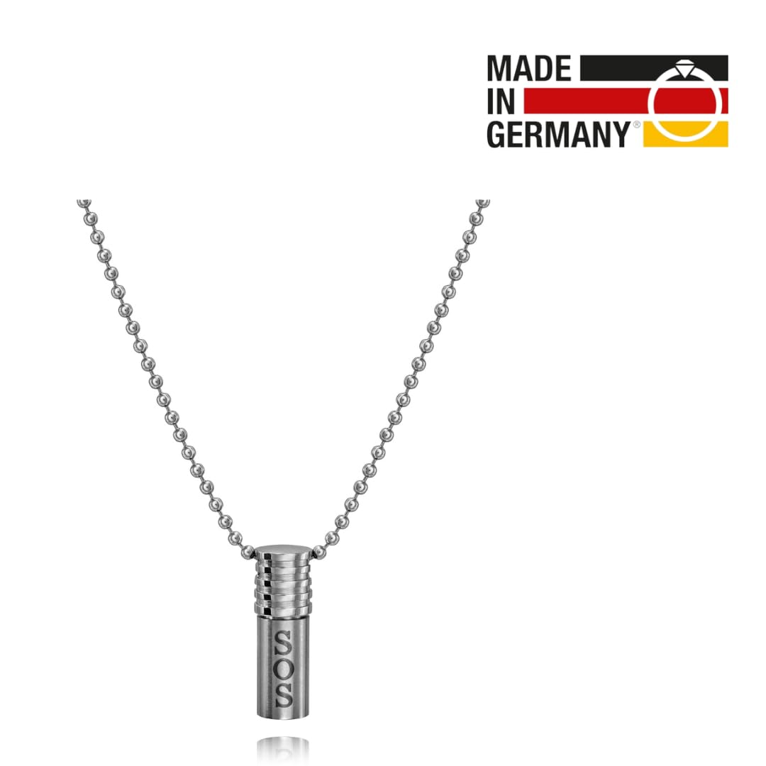 Traveller SOS-Kapsel mit Kette - Edelstahl - Made in Germany - Mit Datenstreifen - Kapsel 30x10mm - Kette 55 cm - Wasser- und staubsicher - 171015
