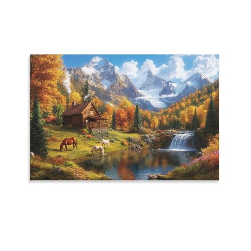 DLONIRPEX Pferd Leinwanddruck Kunstdruck, Herbst Mountain Lake Poster, Für...