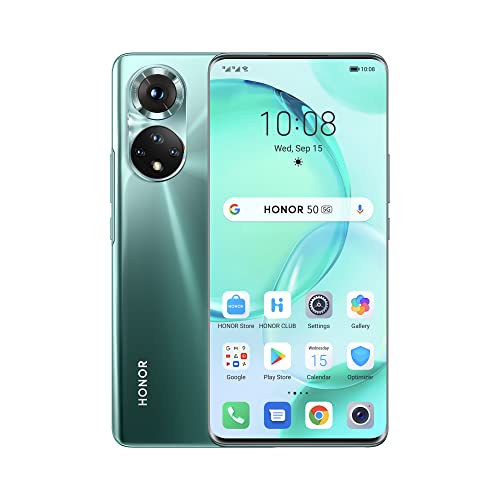 HONOR 50 スマートフォン 5G AMOLED フリーデュアル SIM 6+128 GB、ロック解除済みモバイル、108 MP クアッドカメラ付き、120 Hz 6.57 インチ曲面スクリーン、Android 11、66 W スーパーチャージ、GMS、エメラルドグリーン