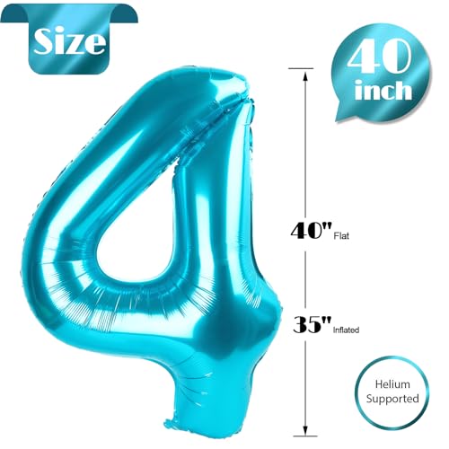 Image of Light Blue Number 4 Balloon 40 Inch, 4th Birthday Party Decorations, Giant 4 Foil Balloon for Party Supplies