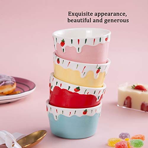 Ceramic Souffle Dishes Ramekins Dish Dessert Bowls, Jemirry 3.5 inch Ice Cream Strawberry Style Ramekins Bowls for Cupcake Pudding Creme Brulee Baking, Colorful-set of 4 - Thumbnail 2
