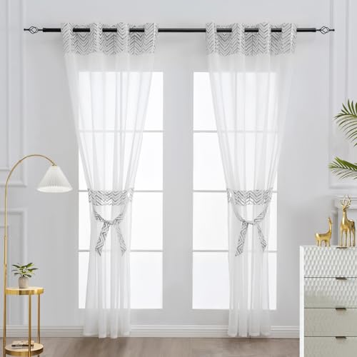 L.Z.E Silver and White Sheer Curtains for Living Room 89-90 Inch Drop with Eyelet Silver Curtains & Drapes for Bedroom 225 cm Long Transparent Window Sheers with Tiebacks Grommet Top