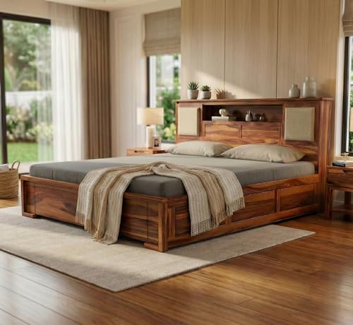 Image of Solid Sheesham Wood Bed with Storage | Wooden Cot with Box Storage & Upholstered Headboard | Strong Durable Frame | Modern Luxury Bed for Bedroom Home & Hotel (Honey Finish, Queen)