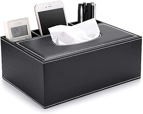PU Leather Square Tissue Box Cover With Storage - Multi-Functional Holder For Remote, Phone, Vanity (Black)