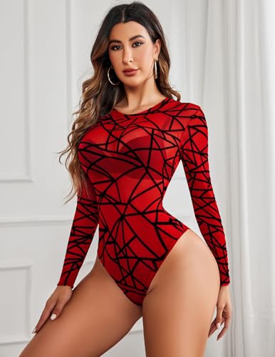 Image of Avidlove Womens Mesh Long Sleeve Bodysuit Round Neck Sheer Leotards Geo Print Bodysuit Top with Snap Crotch