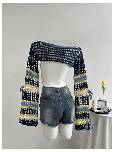 GORGLITTER Women's Bow Crochet Tops Hollow Out Color Block Striped Cropped Sweater Long Sleeve Y2K Bolero Shrugs2