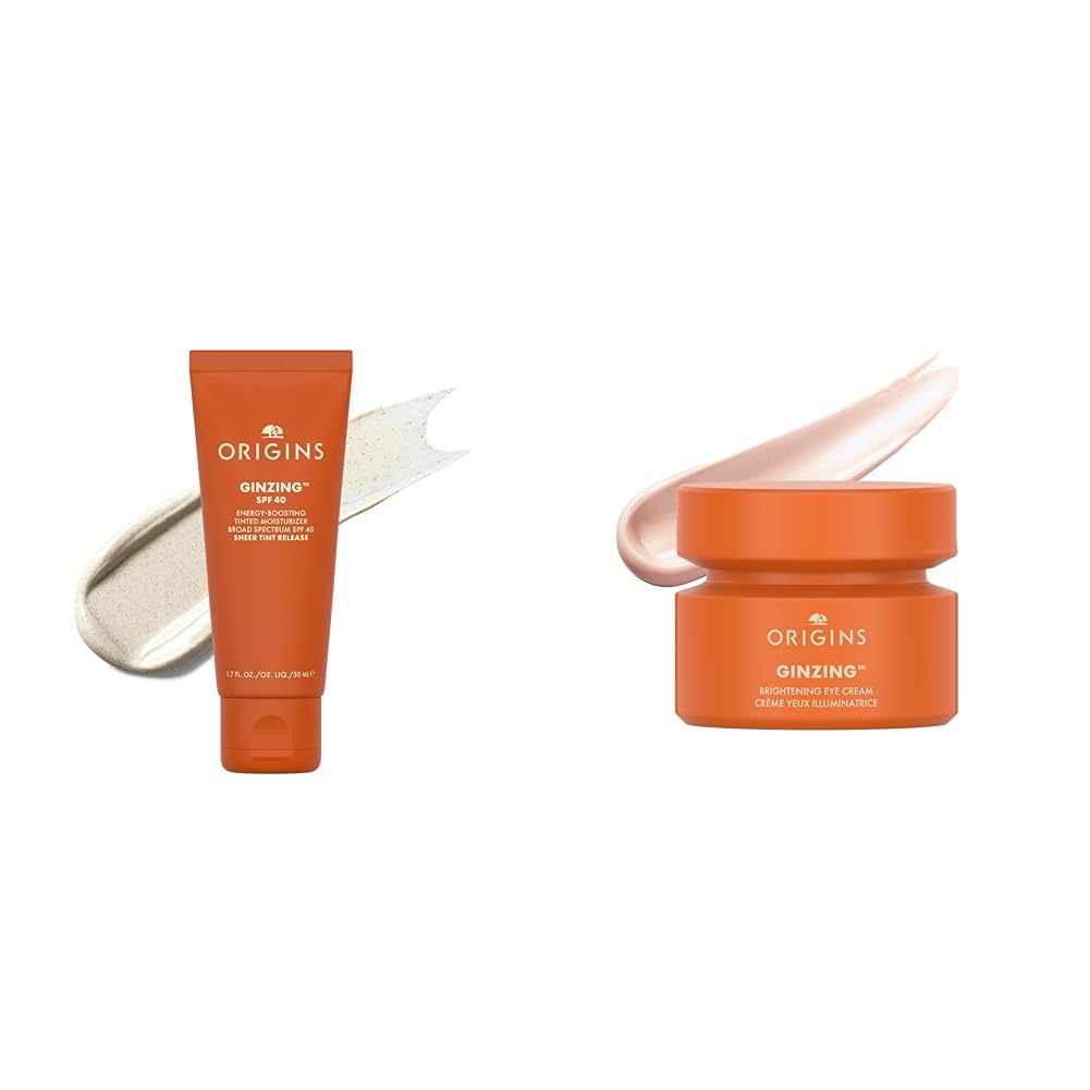 Origins GinZing Moisturizer & Eye Cream Set: Energy-Boosting Tinted Moisturizer with SPF 40 (50ml) + Brightening Eye Cream with Vitamin C (15ml) | Spendet Feuchtigkeit + Reduzierung von Augenringen